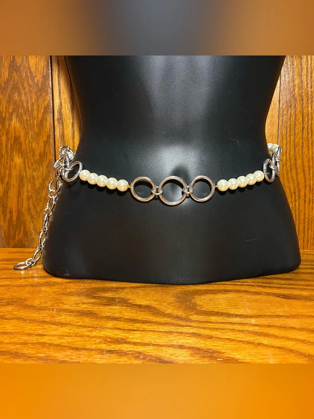 Y2K Vintage Pearl Silver Circle Link Chain Belt Adjustable 44.75”